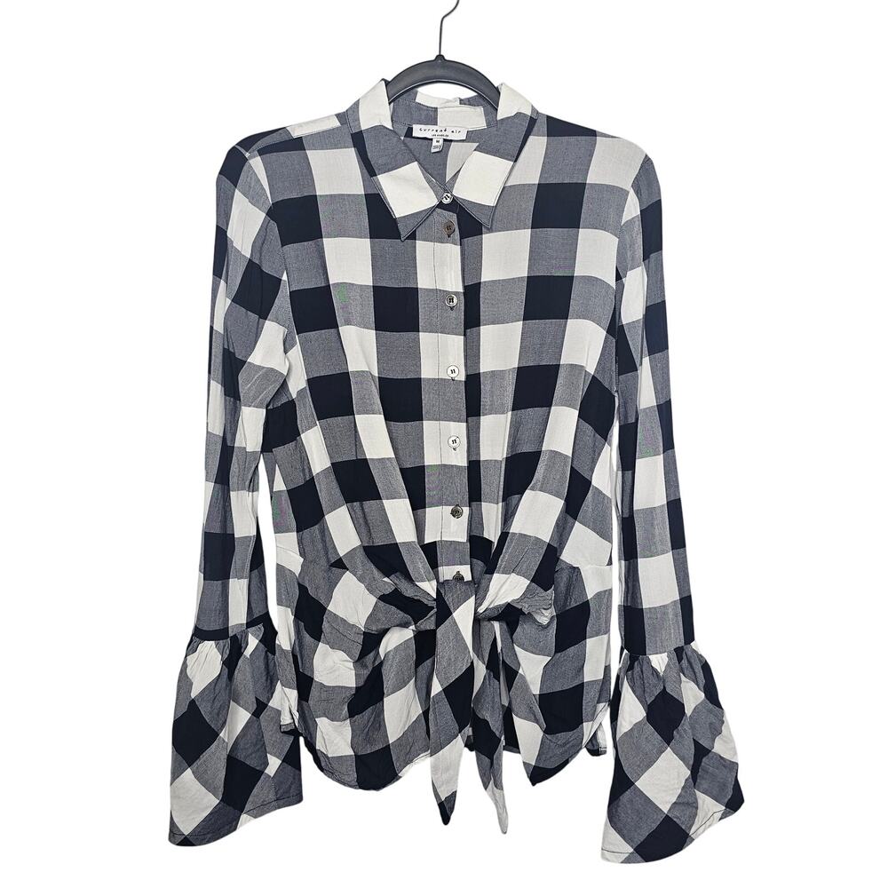 Current Air Buffalo Plaid Button Up Shirt Tie Waist Bell Sleeves Navy Sz Medium